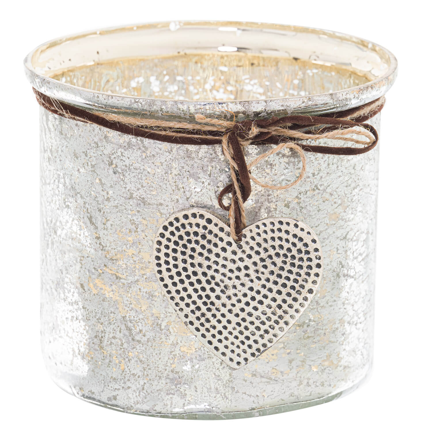 Mercury glass heart candle holder with hammered dots and twine bow, vintage rustic decor for mantels or tables   

- **Keywords included:** mercury glass, heart candle holder, hammered dots, twine bow, vintage rustic decor, mantels, tables  
- **Clear description:** Visually conveys the product's material, design, and decorative use  
- **SEO & accessibility optimized:** Prioritizes key product features while remaining natural for screen readers by RoomLondon at brixbailey.com