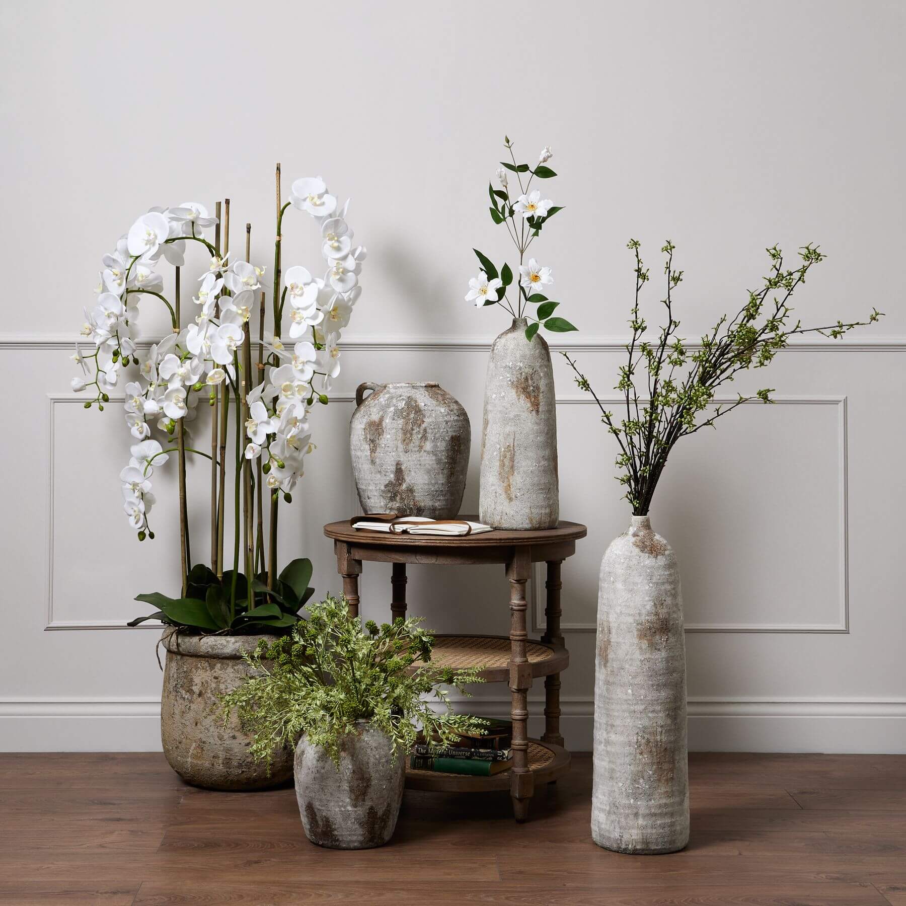 Luxury White Orchid in Vintage Stone Planter | Elegant Home Decor