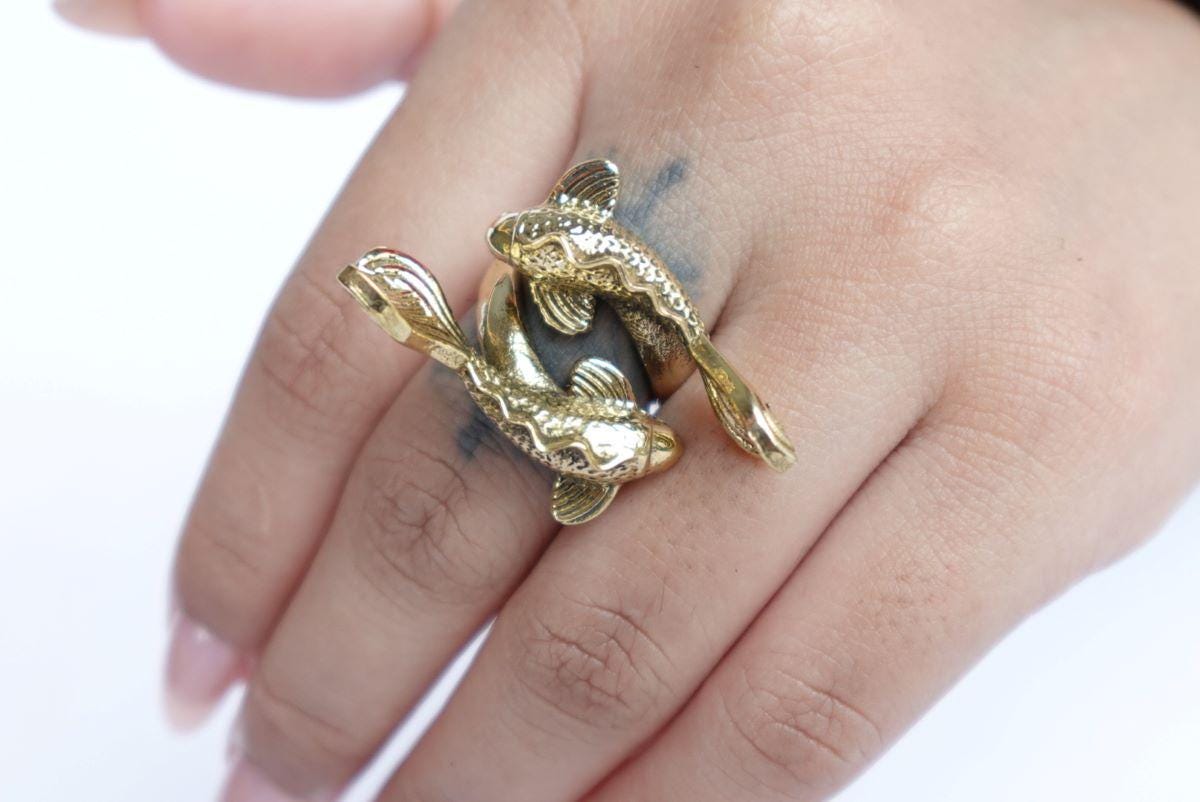Twin Koi Fish Adjustable Ring – Brass Art Jewellery Inspired by Nature.