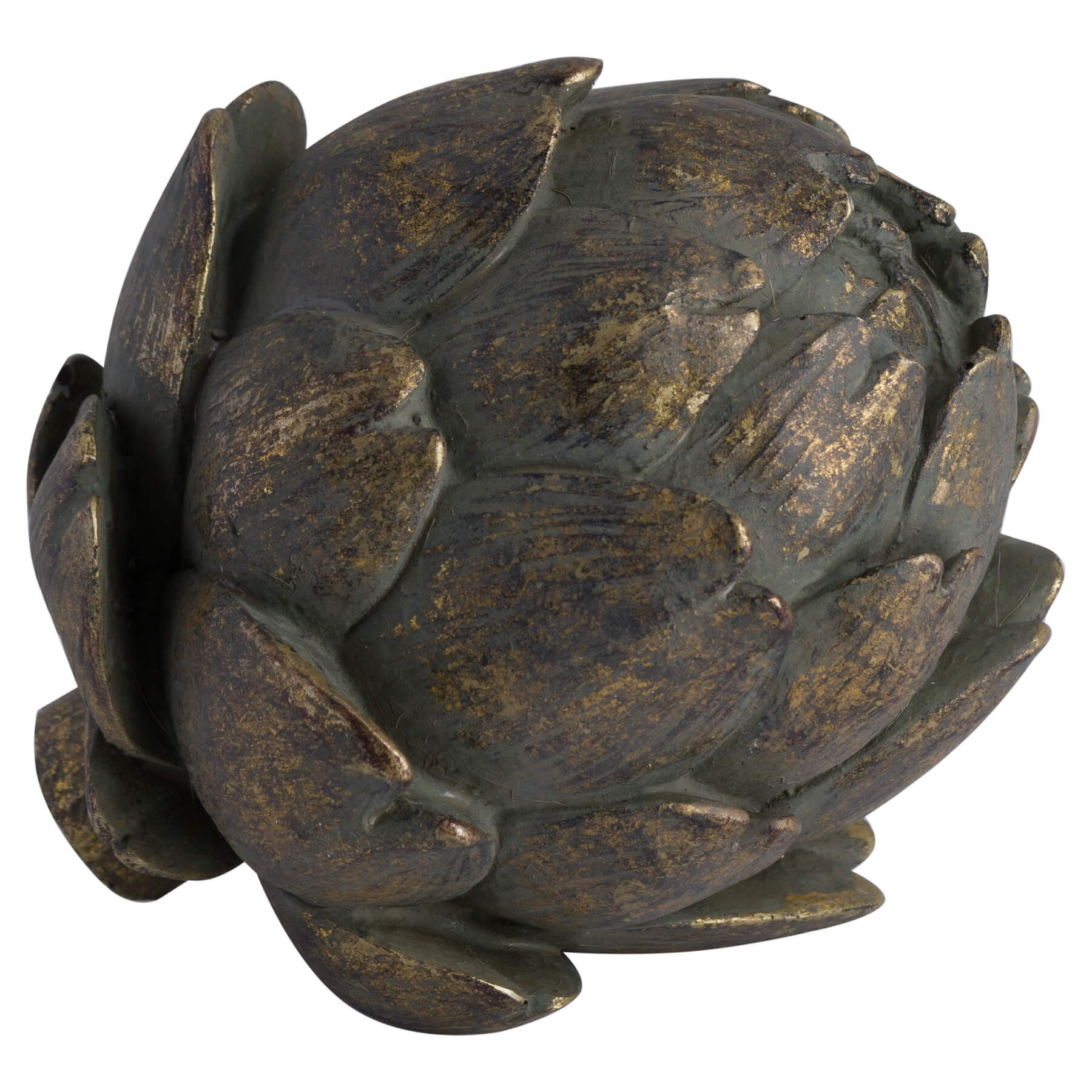 Handcrafted bronze artichoke sculpture with antiqued patina, intricate petals, and warm resin finish for home decor. by Sostter at brixbailey.com
