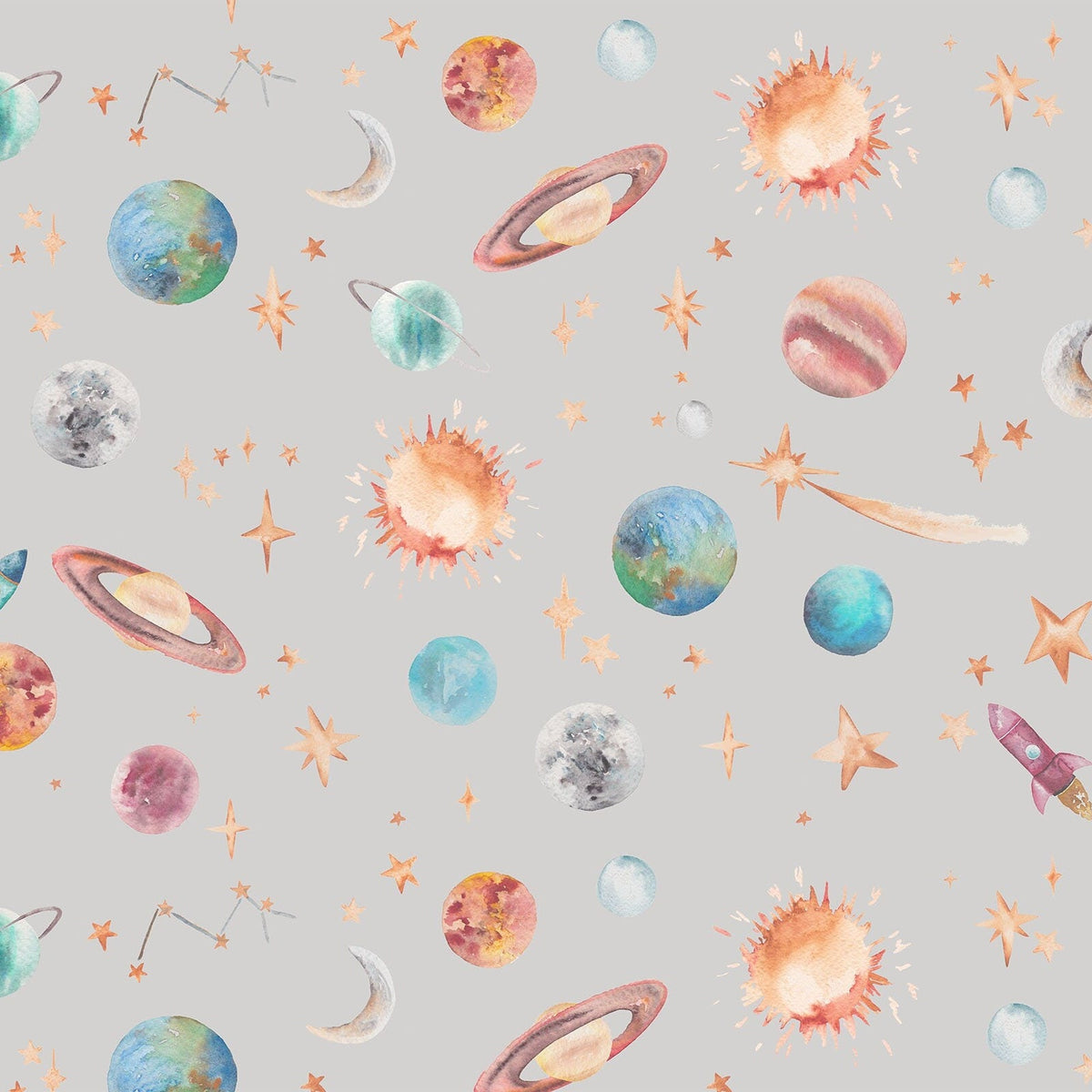 Watercolour Planet Wallpaper | Solar System, Stars &amp; Rockets | Kids Bedroom