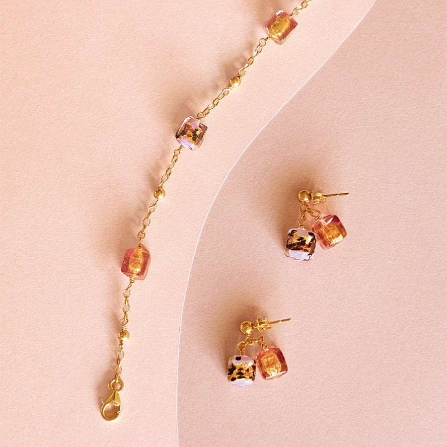 Luxury leopard print stud earrings, handmade Murano glass beads, pink and gold vermeil, stylish animal print statement earrings by Lezzeri at brixbailey.com