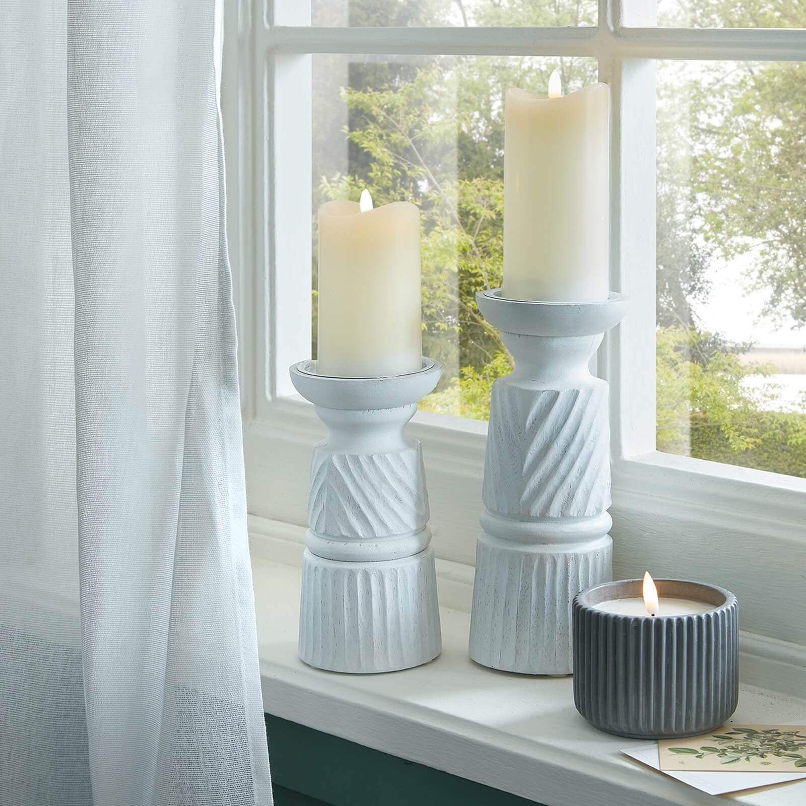 White Carved Wooden Candle Holder Medium