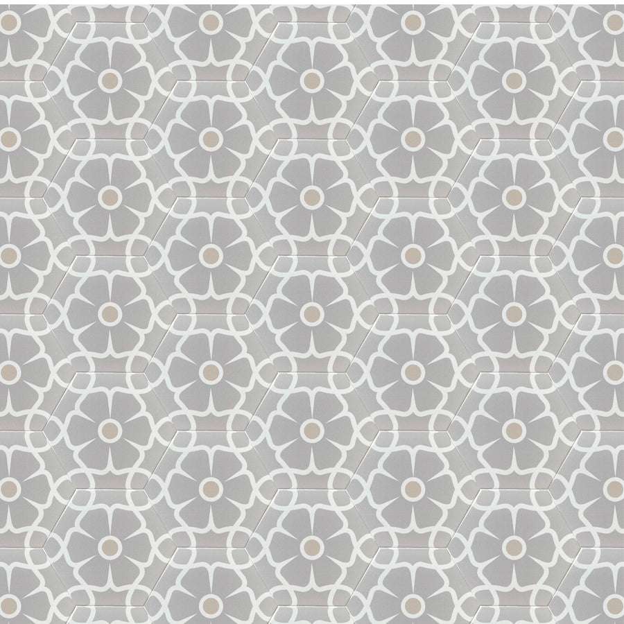 Luxury Ella porcelain floor tiles, premium hexagonal floral pattern, indoor outdoor anti-slip, grey lilac black white pink, no sealing required by Maria Starling Design at brixbailey.com