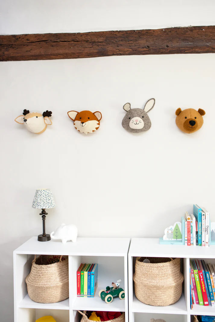 Luxury handcrafted grey bunny felt head, premium organic wool forest friends collection, stylish mini animal wall decor by Ella James at brixbailey.com