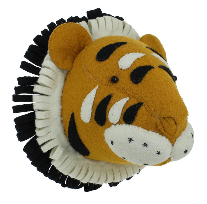 Luxury handcrafted felt tiger head wall decor, premium organic wool safari animal head for kids room, stylish beaded eyes, large 45cm by Ella James at brixbailey.com