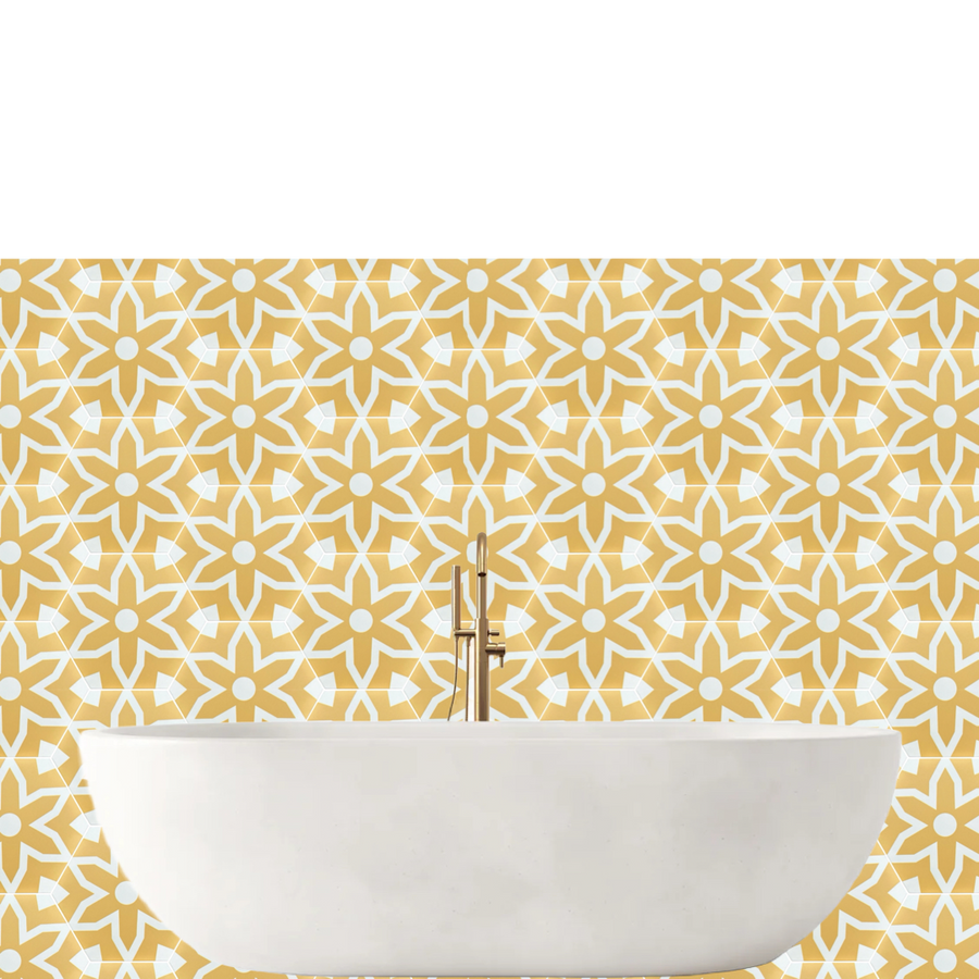 Luxury Fleur porcelain floor and wall tiles, yellow and white hex pattern, premium anti-slip, indoor-outdoor use by Maria Starling Design at brixbailey.com