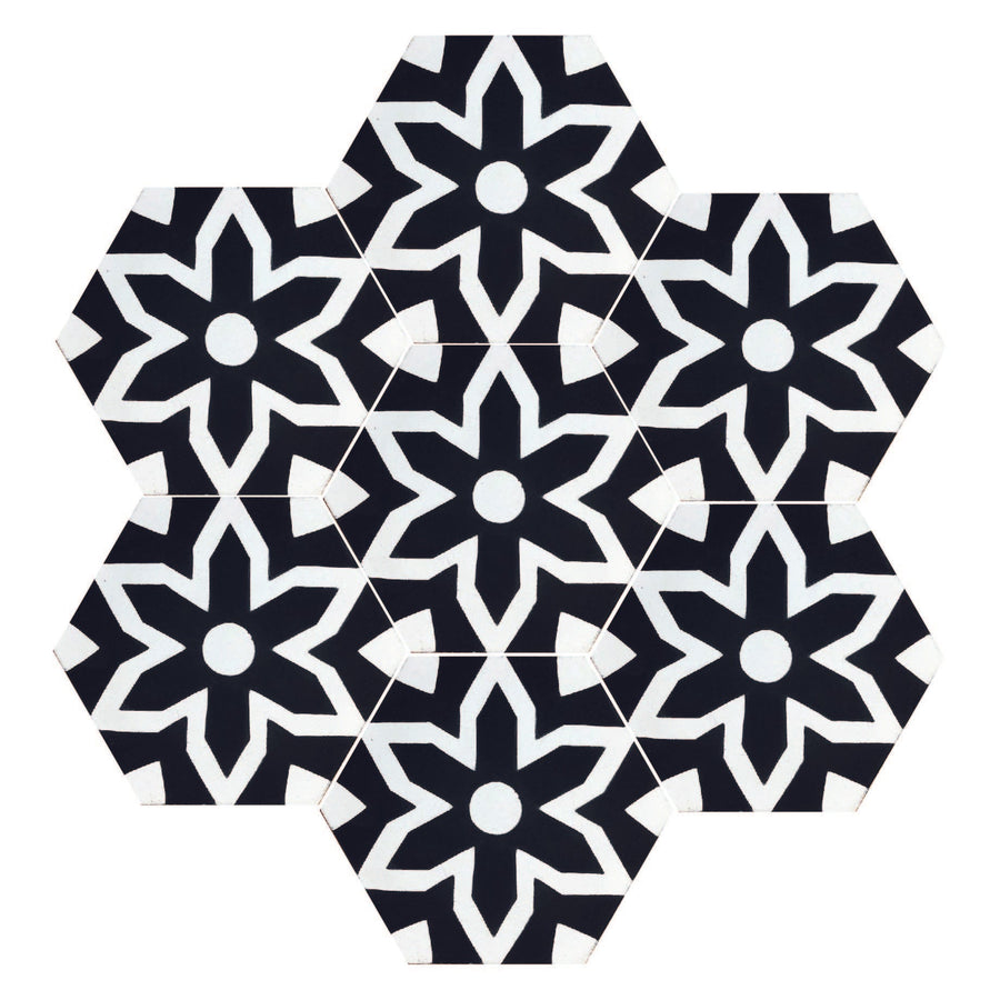 Luxury black and white hex cement tiles, premium fleur mosaic pattern for kitchen and bathroom floors and walls, stylish trending design by Maria Starling Design at brixbailey.com
