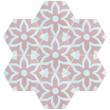 Luxury pink hex cement floor tiles, stylish Fleur design for bathroom and kitchen walls, premium handcrafted mosaic pattern by Maria Starling Design at brixbailey.com