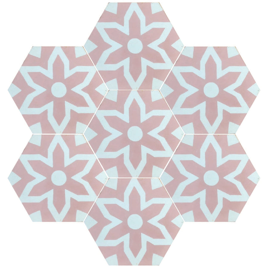 Luxury pink hex cement floor tiles, stylish Fleur design for bathroom and kitchen walls, premium handcrafted mosaic pattern by Maria Starling Design at brixbailey.com