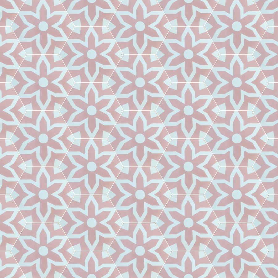 Luxury pink hex cement floor tiles, stylish Fleur mosaic-inspired design for bathroom and kitchen walls by Maria Starling Design at brixbailey.com