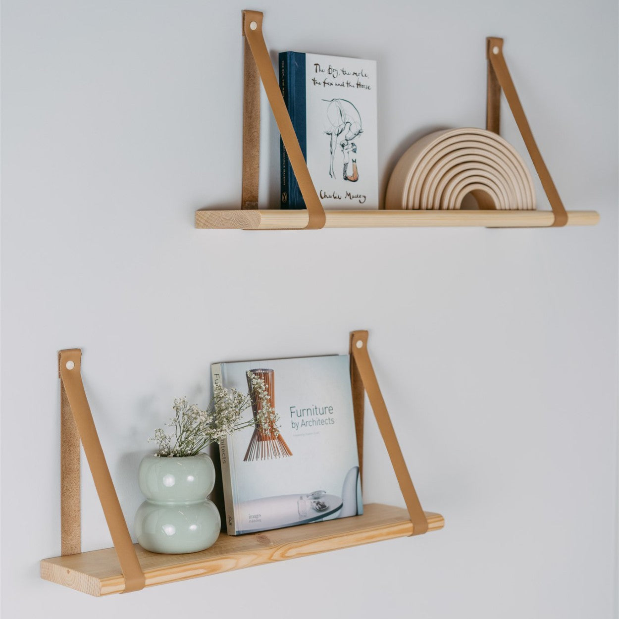 60 cm Floating Shelf with Leather Strap Detail