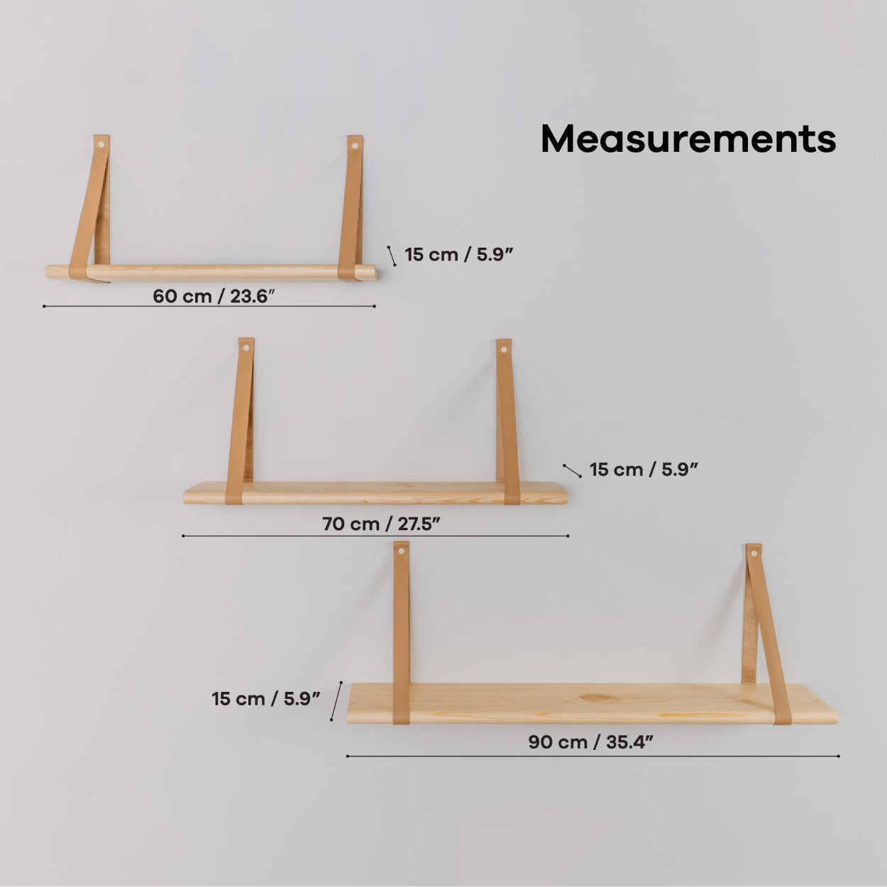 60 cm Floating Shelf with Leather Strap Detail