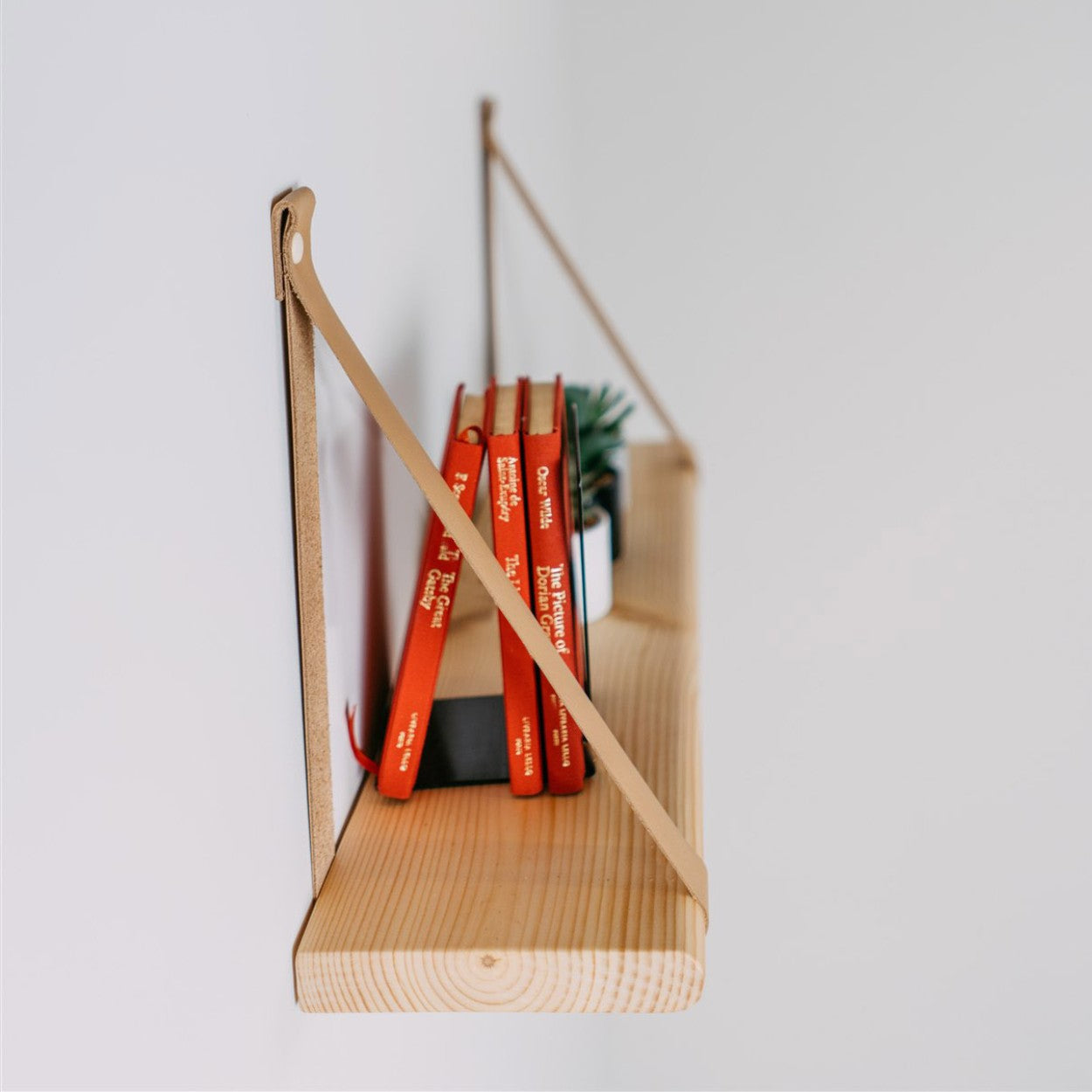 Floating Wooden Shelf with Leather Straps 70 cm