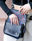 Floral Lined Leather Midi Satchel - Navy