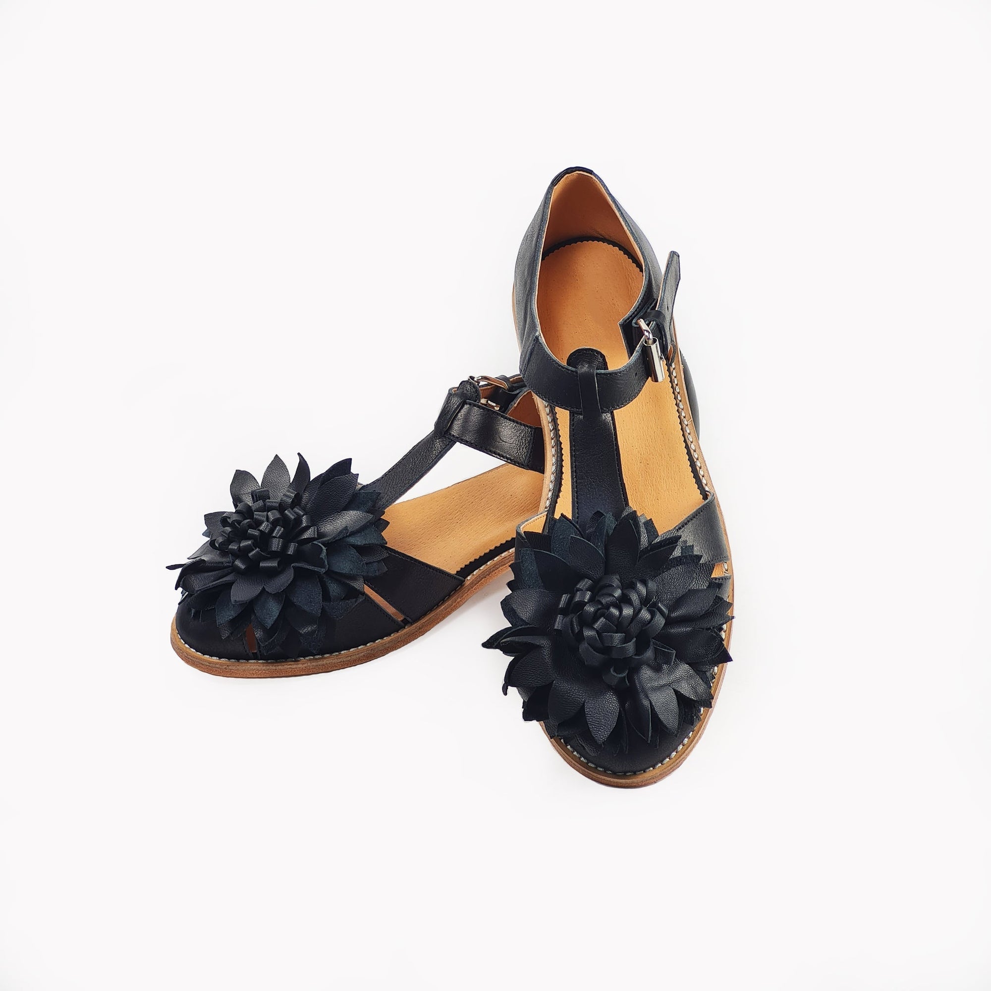 Handmade Black Flower Leather Fisherman Sandals