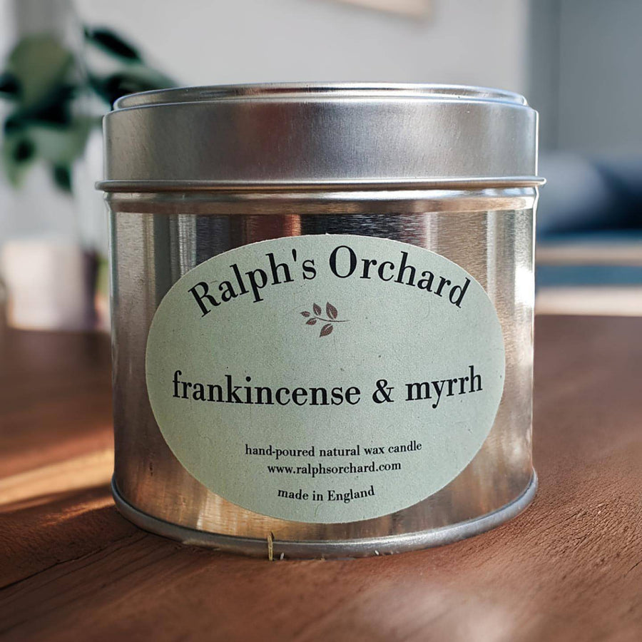 Luxury frankincense and myrrh scented candle, hand-poured in England with warm amber, rock rose, and woody cedar notes by Ralph's Orchard at brixbailey.com