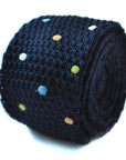 navy blue skinny knitted tie with multicoloured polka dots