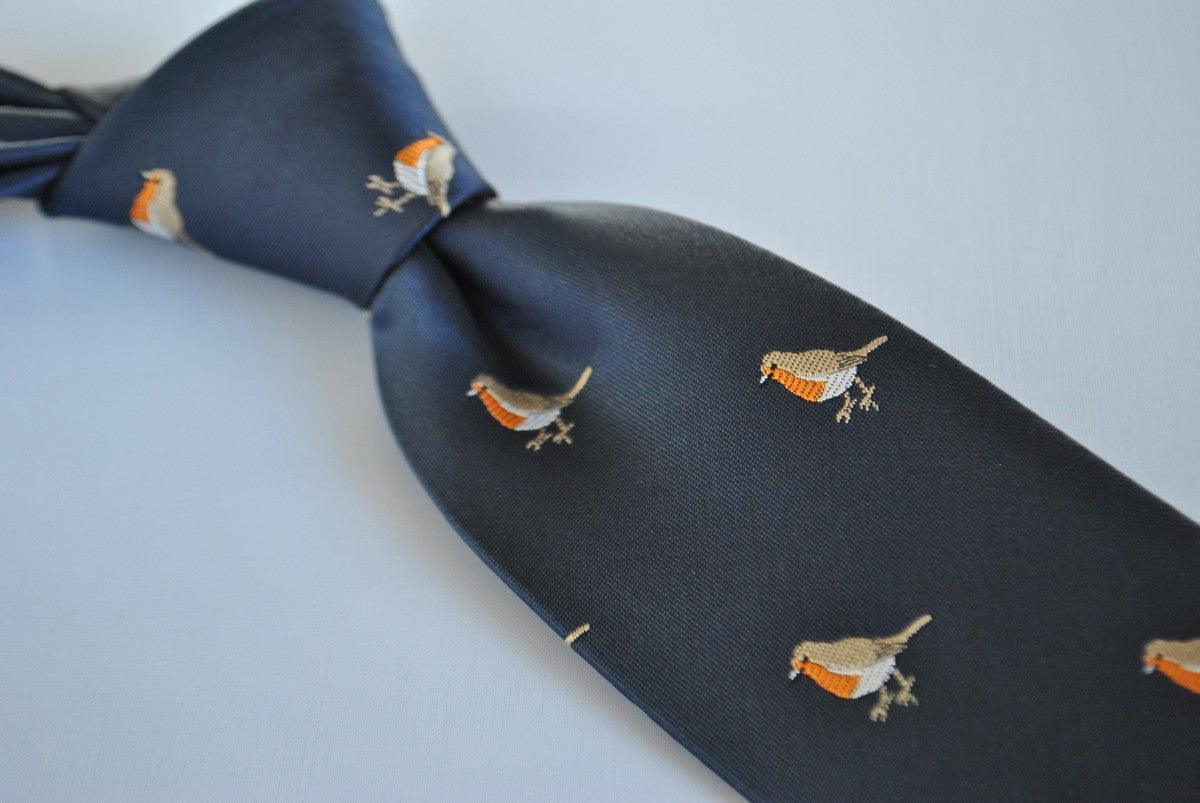 navy  tie with embroidered robin design