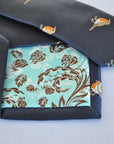navy  tie with embroidered robin design