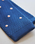 navy blue skinny knitted tie with powder pink polka dots