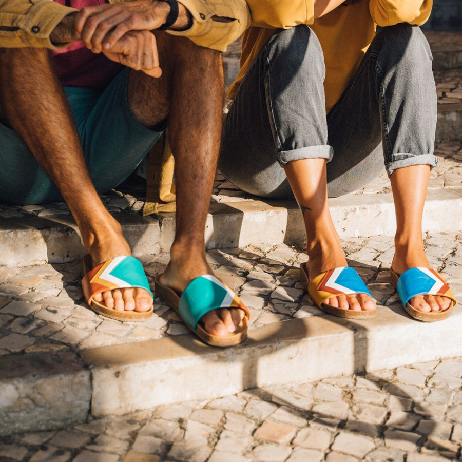 Premium vegan sandals in turquoise ocean white mustard terracotta, comfortable straps, soft anatomical footbed, slip-resistant sole, durable, fair trade Europe by Fünve at brixbailey.com