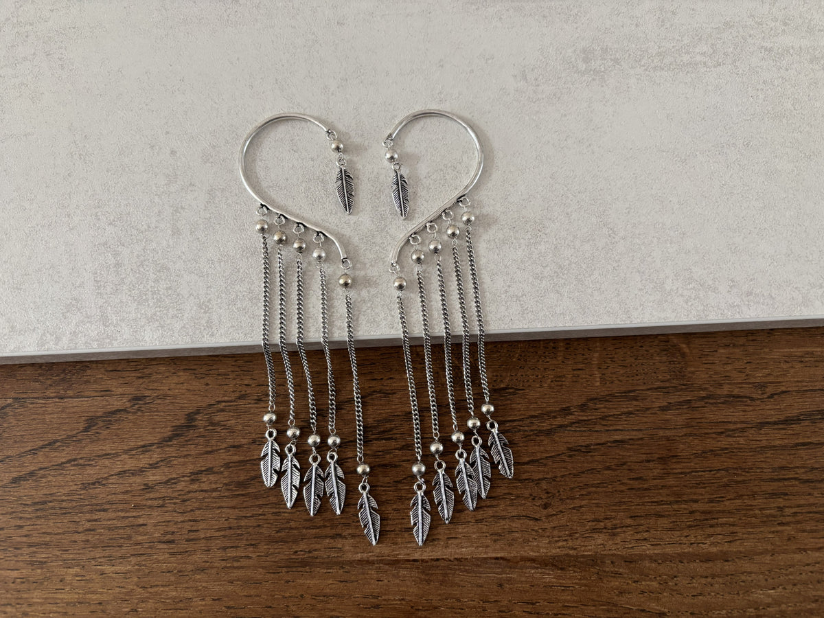 Boho Feather Chain Ear Cuff Earrings – Brass/Silver Statement Earrings