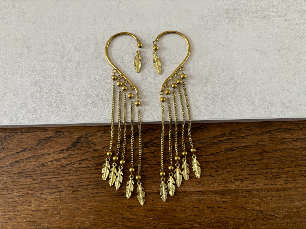 Boho Feather Chain Ear Cuff Earrings – Brass/Silver Statement Earrings