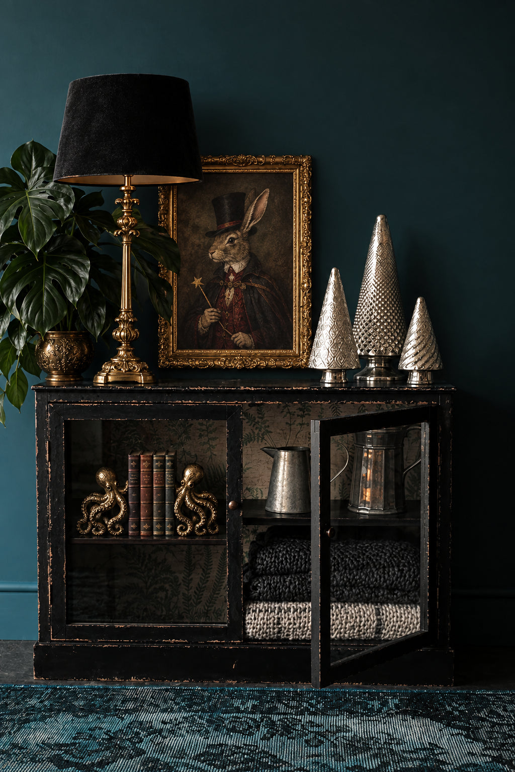 A dark distressed wooden cabinet with glass doors styled in a moody room against a dark teal wall, featuring a table lamp, a framed picture, and three textured silver Christmas tree ornaments.