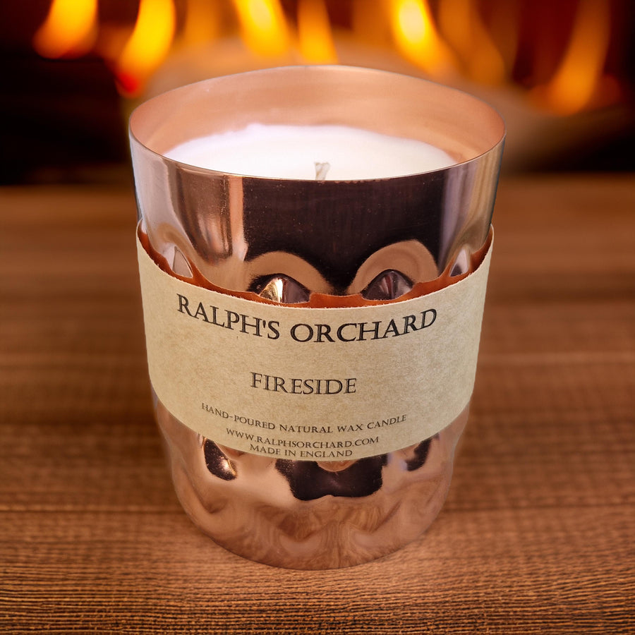 Luxury fireside scented candle with rich molasses, black treacle, roasted chestnut, spicy clove, and warm leather notes, hand-poured in England by Ralph's Orchard at brixbailey.com