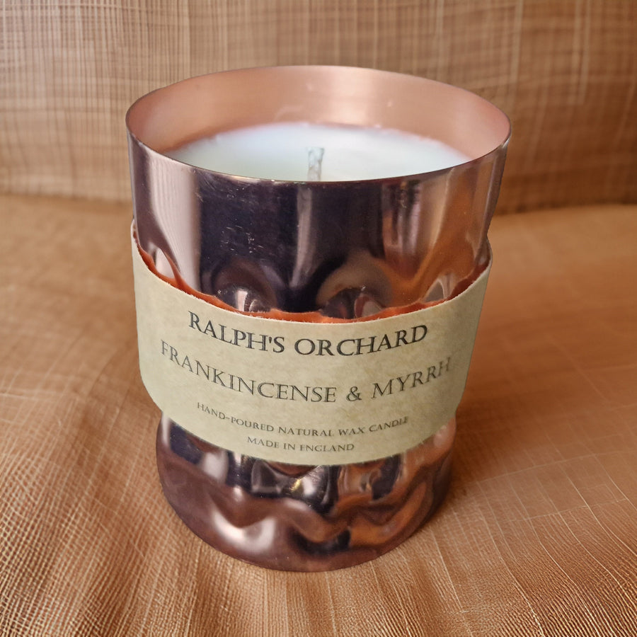 Luxury frankincense and myrrh scented candle, hand-poured in England, warm amber and woody notes, cruelty-free eco-friendly by Ralph's Orchard at brixbailey.com