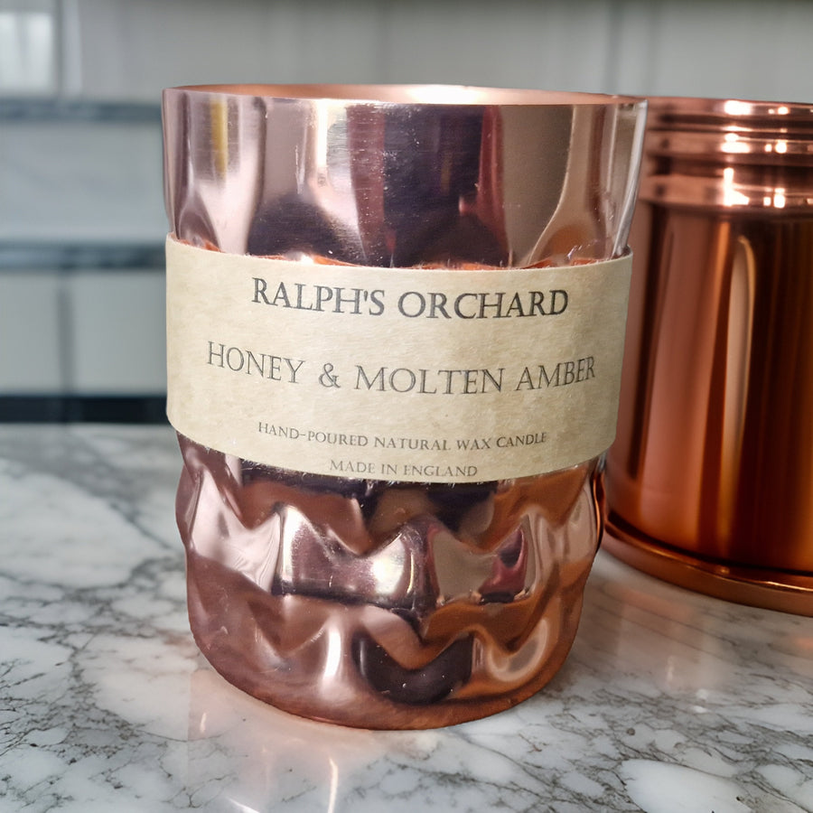 Luxury handmade vegan candle with bergamot, cinnamon, clove, honey, amber, patchouli, vetiver, smokey birch tar by Ralph's Orchard at brixbailey.com