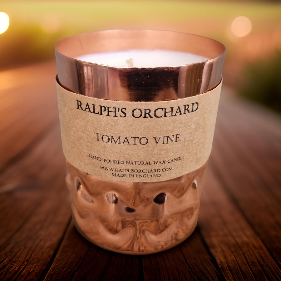 Premium tomato vine scented candle with green apple, rhubarb, citrus, and floral notes, hand-poured in England, cruelty-free, eco-friendly by Ralph's Orchard at brixbailey.com