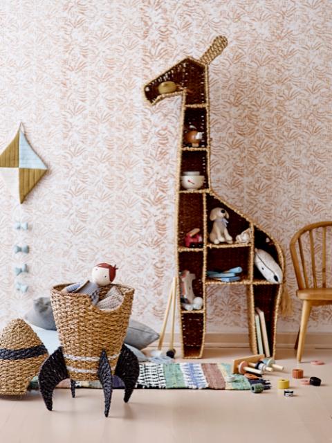 Luxury tall giraffe bookcase, stylish safari-themed woven grass shelving unit for nursery or bedroom storage by Ella James at brixbailey.com