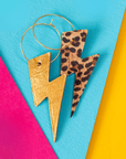 Gold and leopard lightning bolt earrings