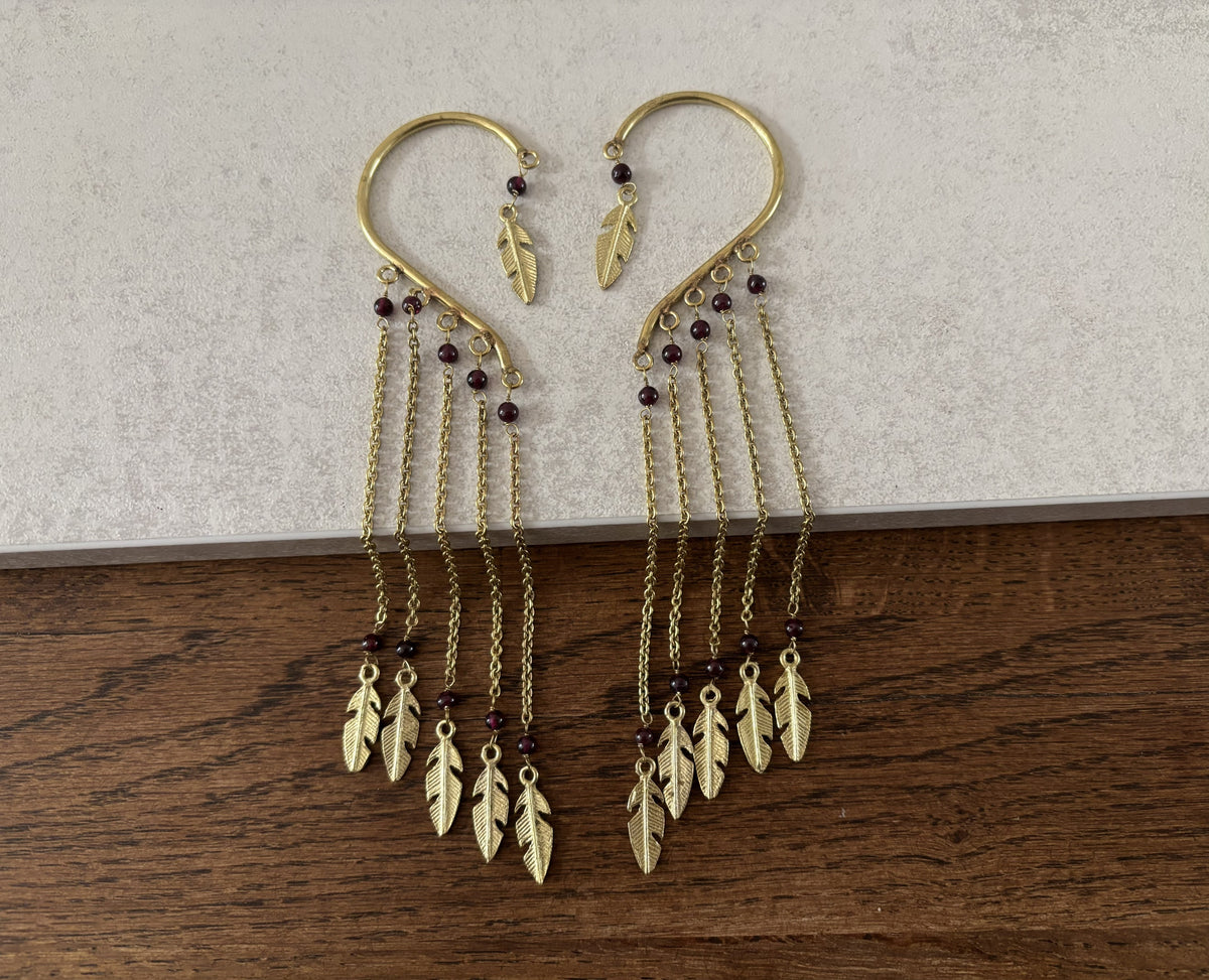 Boho Feather Chain Ear Cuff Earrings – Brass/Silver Statement Earrings