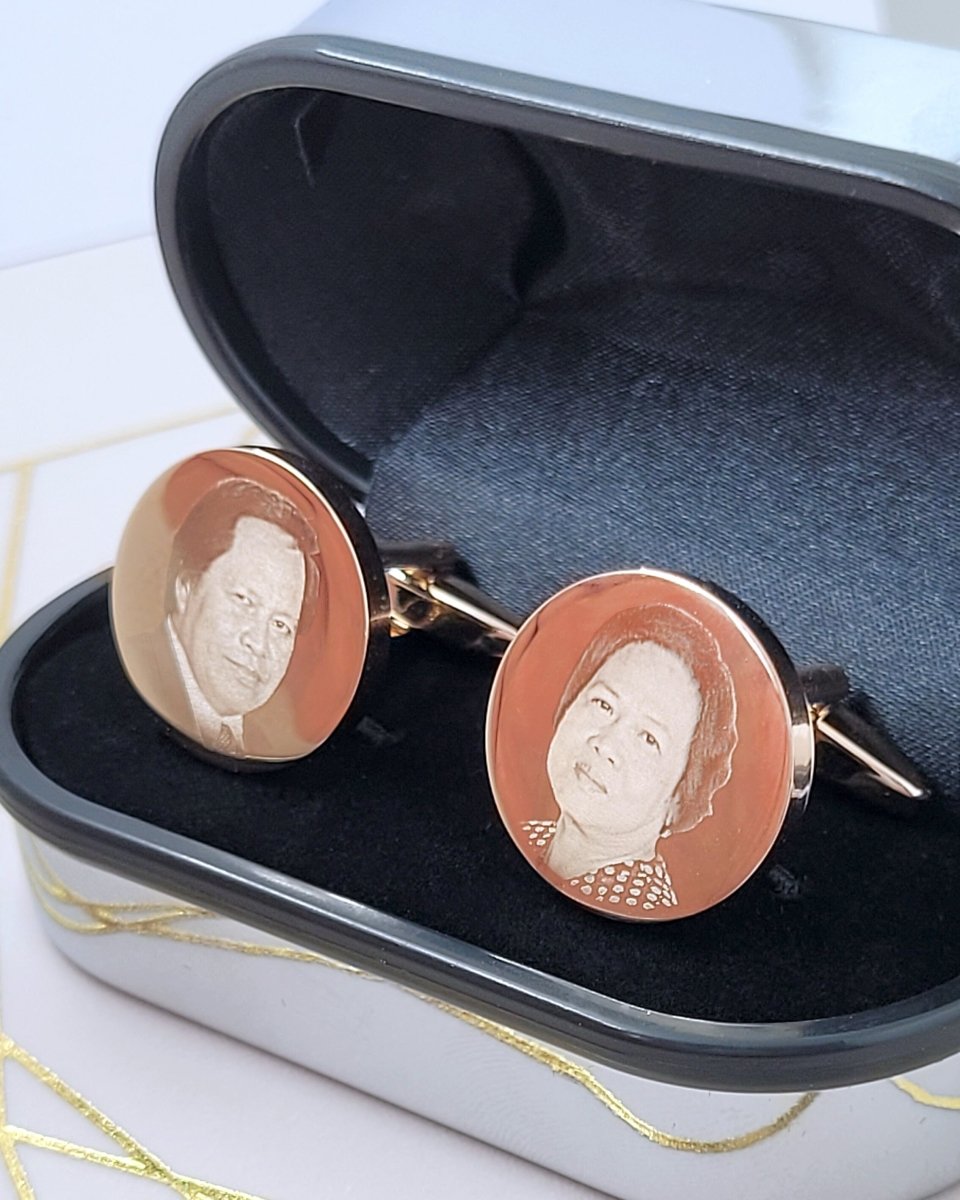 Personalised Gold Cufflinks – Photo Engraved Pair with Chrome Case