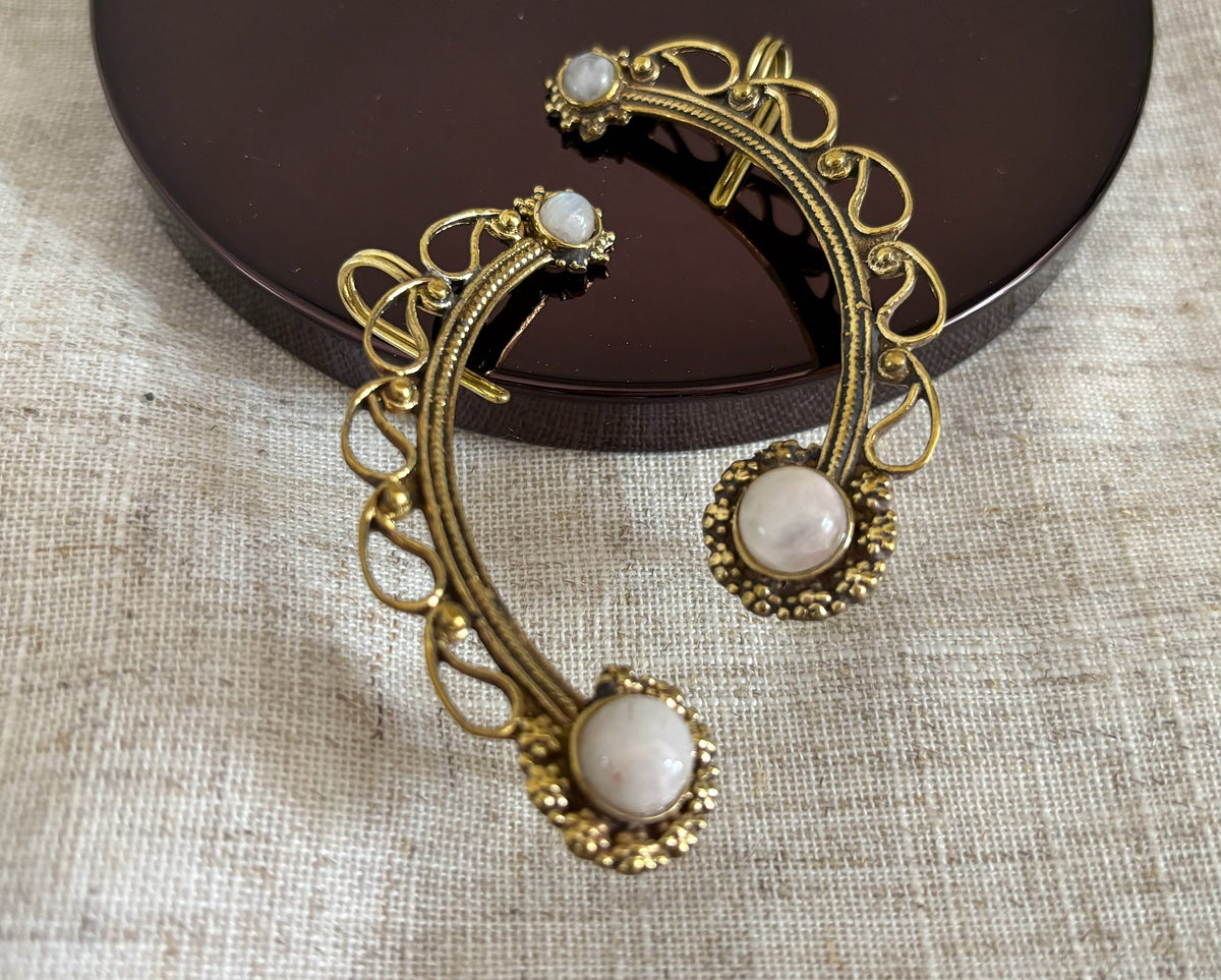 Boho Crescent Ear Cuff with Labradorite/Moonstone - Gold &amp; Silver Ear Wrap