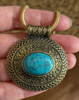 Vintage Boho Natural Stone Statement Necklace – Antique Gold & Silver Tone Medallion Necklace