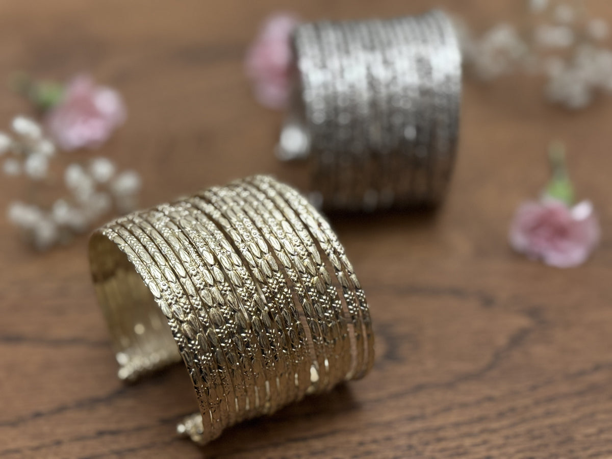 Hammered Gold/Silver Finish Stack Cuff – Adjustable Brass Bangles Set.