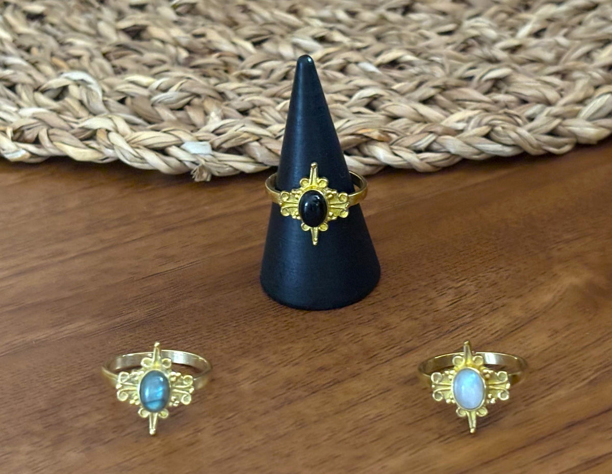 Vintage Celestial Gemstone Ring – Adjustable Boho Statement Ring
