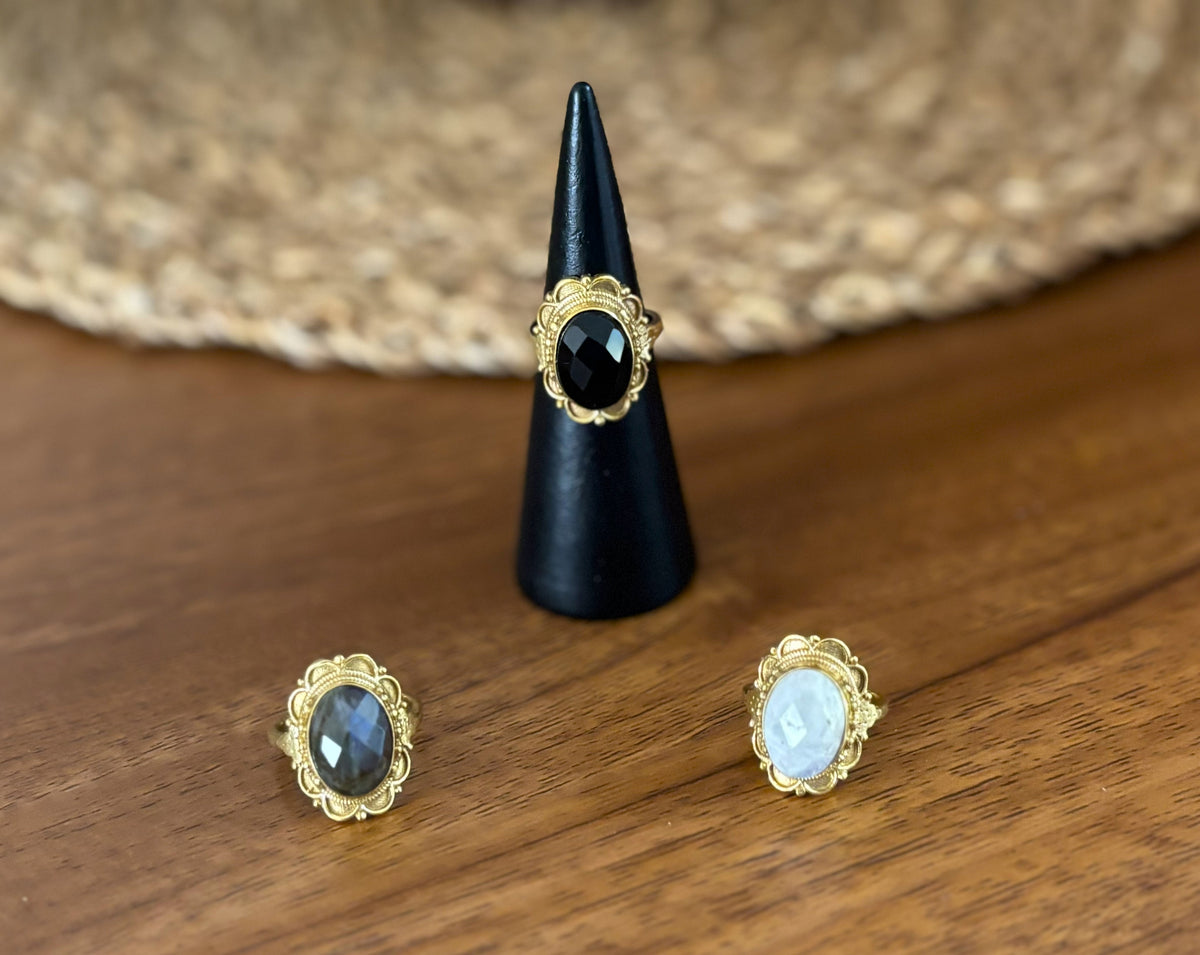 Vintage Oval Gemstone Adjustable Ring – Boho Statement Ring | Gold &amp; Silver Finish