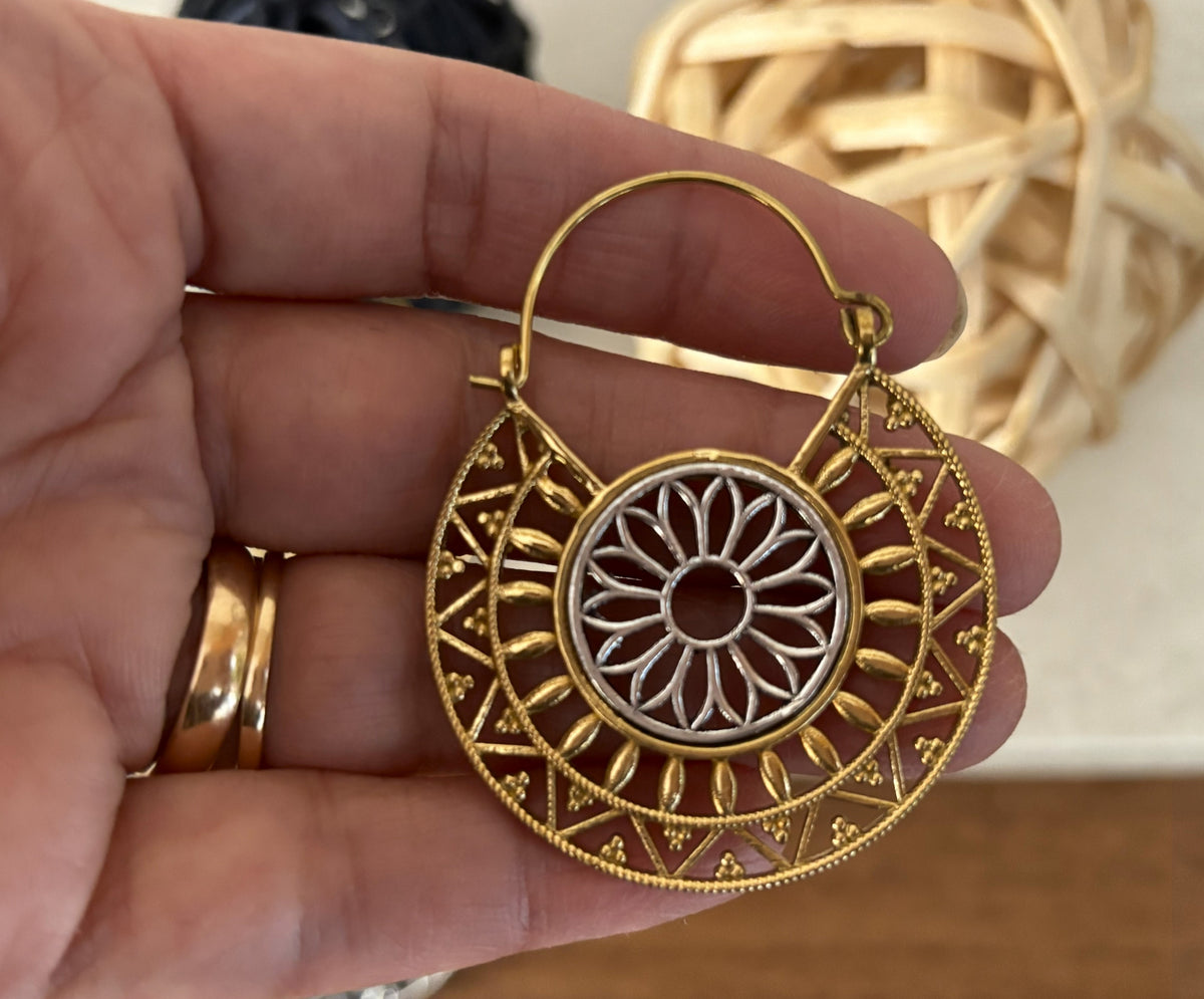 Dual Tone Mandala Brass Earrings – Boho Geometric Statement Earrings