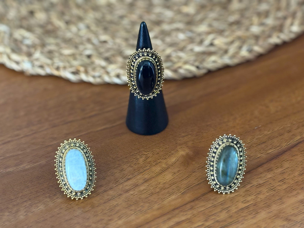 Boho Oval Gemstone Adjustable Ring – Gold/Silver Vintage Brass Statement Ring