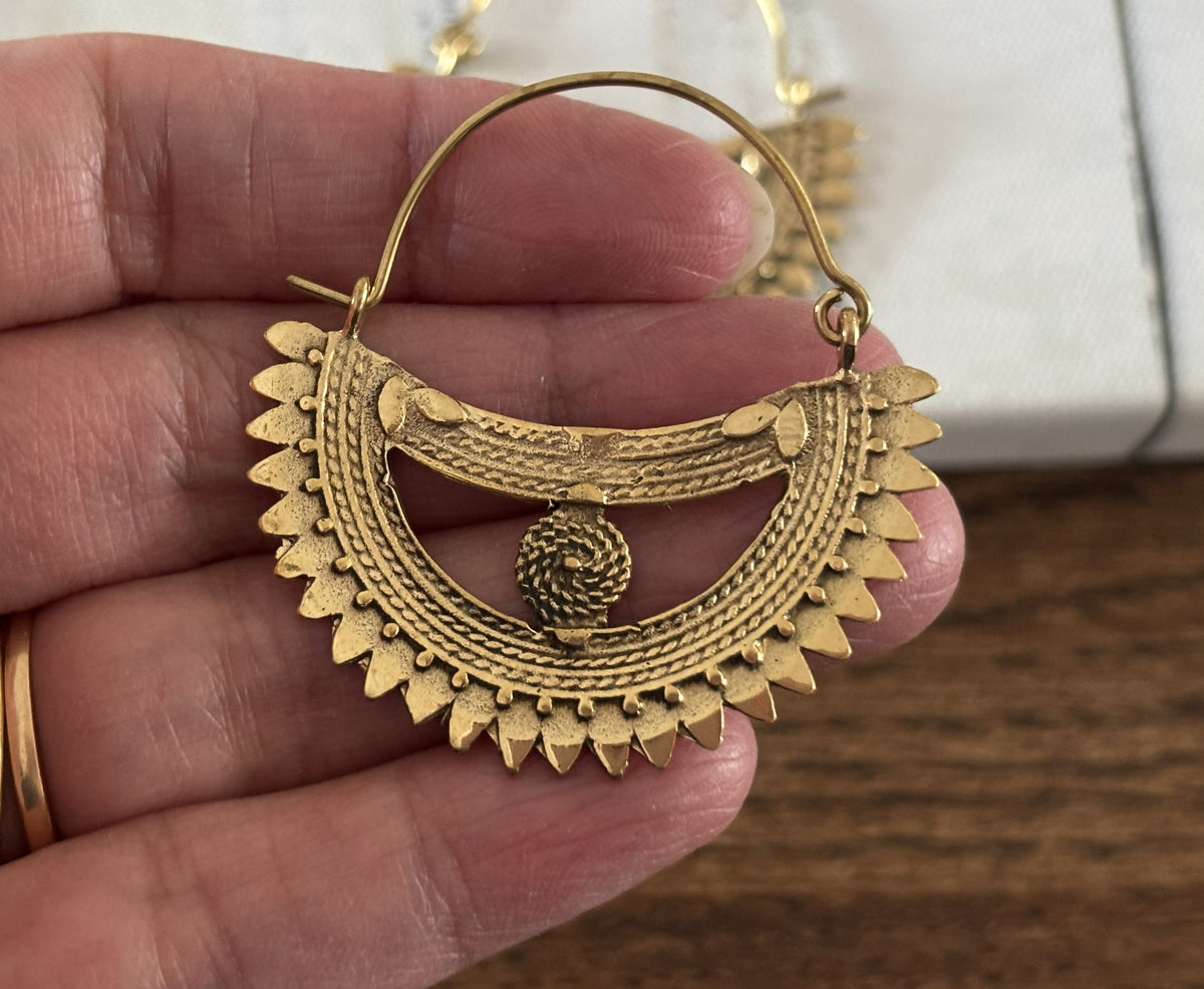Handcrafted Bohemian Tribal Sunburst Brass Hoop Earrings – Gold &amp; Silver Finish