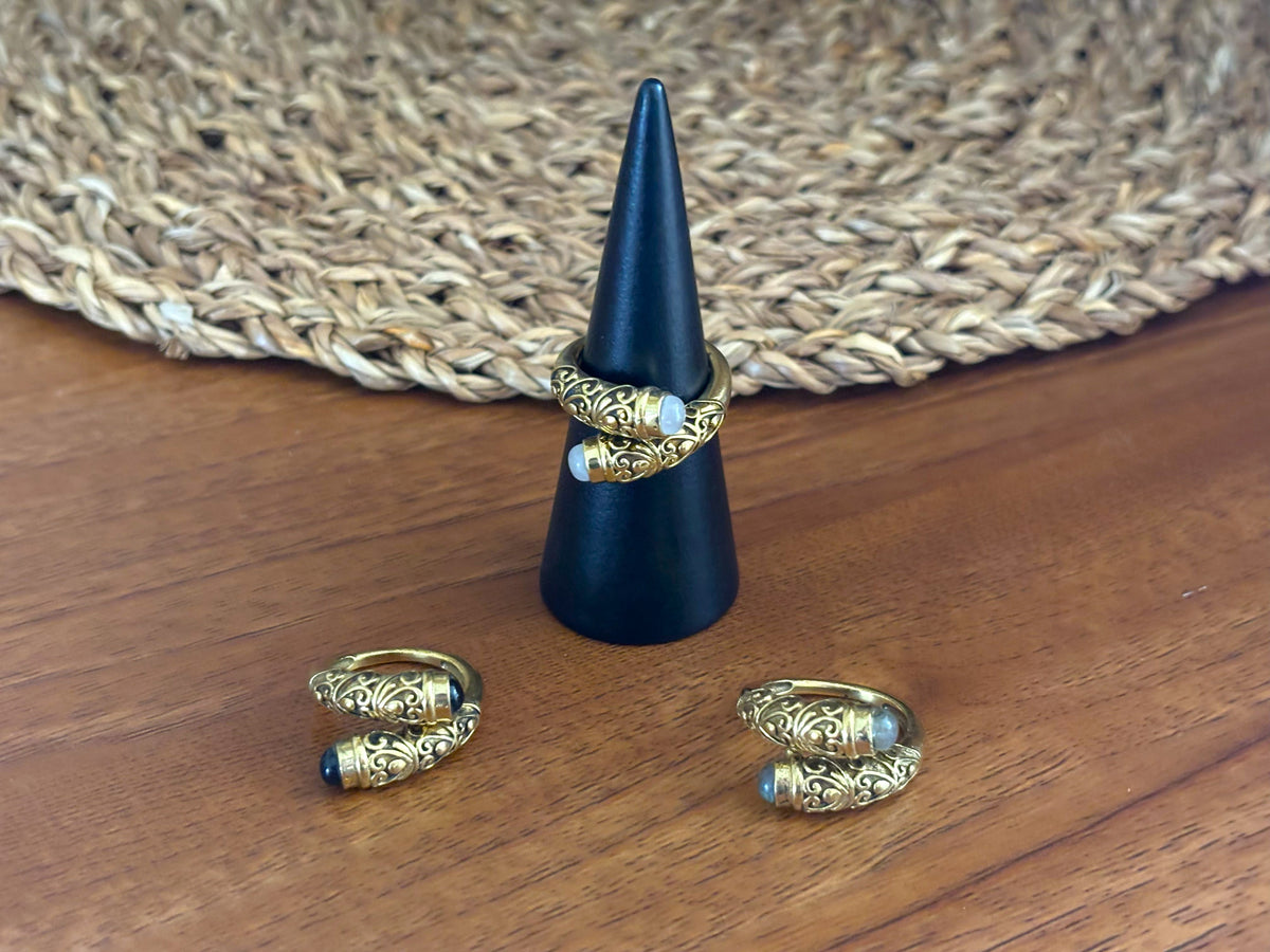 Boho Filigree Adjustable Gemstone Wrap Ring – Gold/Silver Vintage Brass Statement Ring