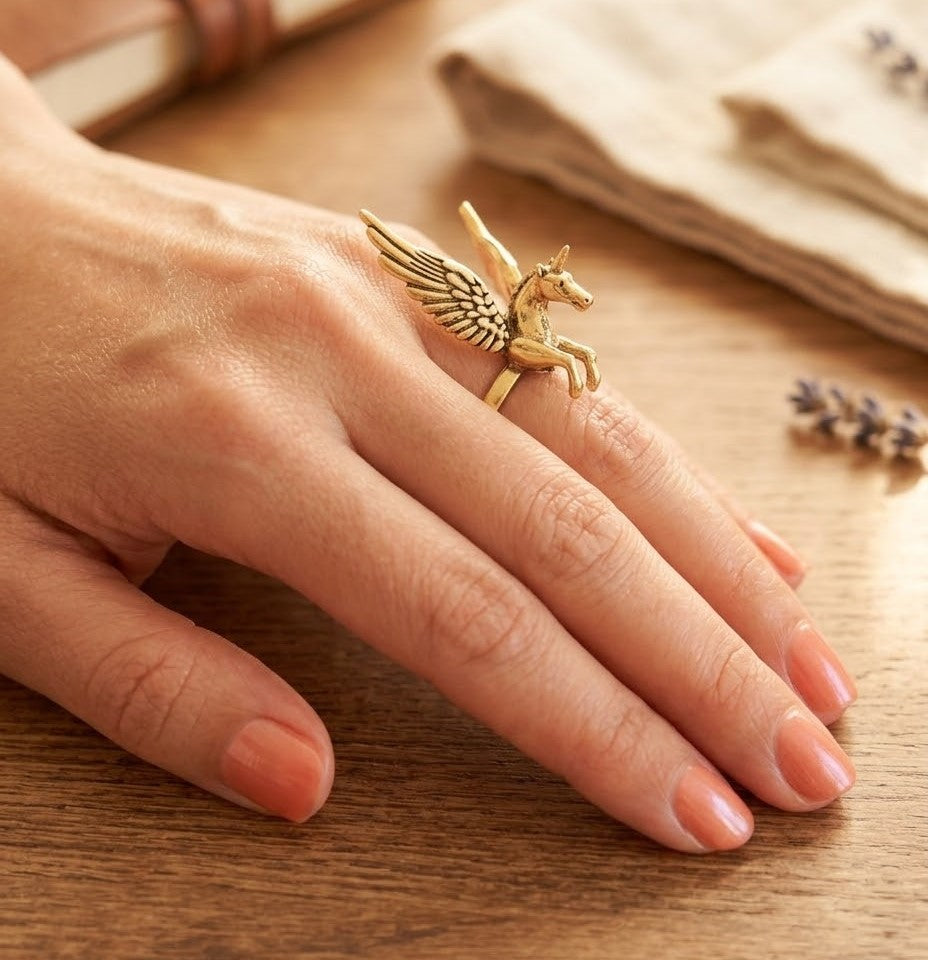 Gold/Silver Brass Pegasus Unicorn Statement Ring – Adjustable Ring