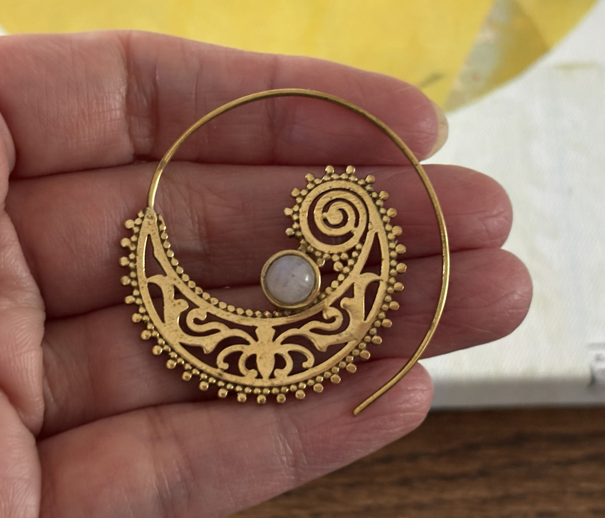 Bohemian Spiral Statement Earrings with Moonstone Accent