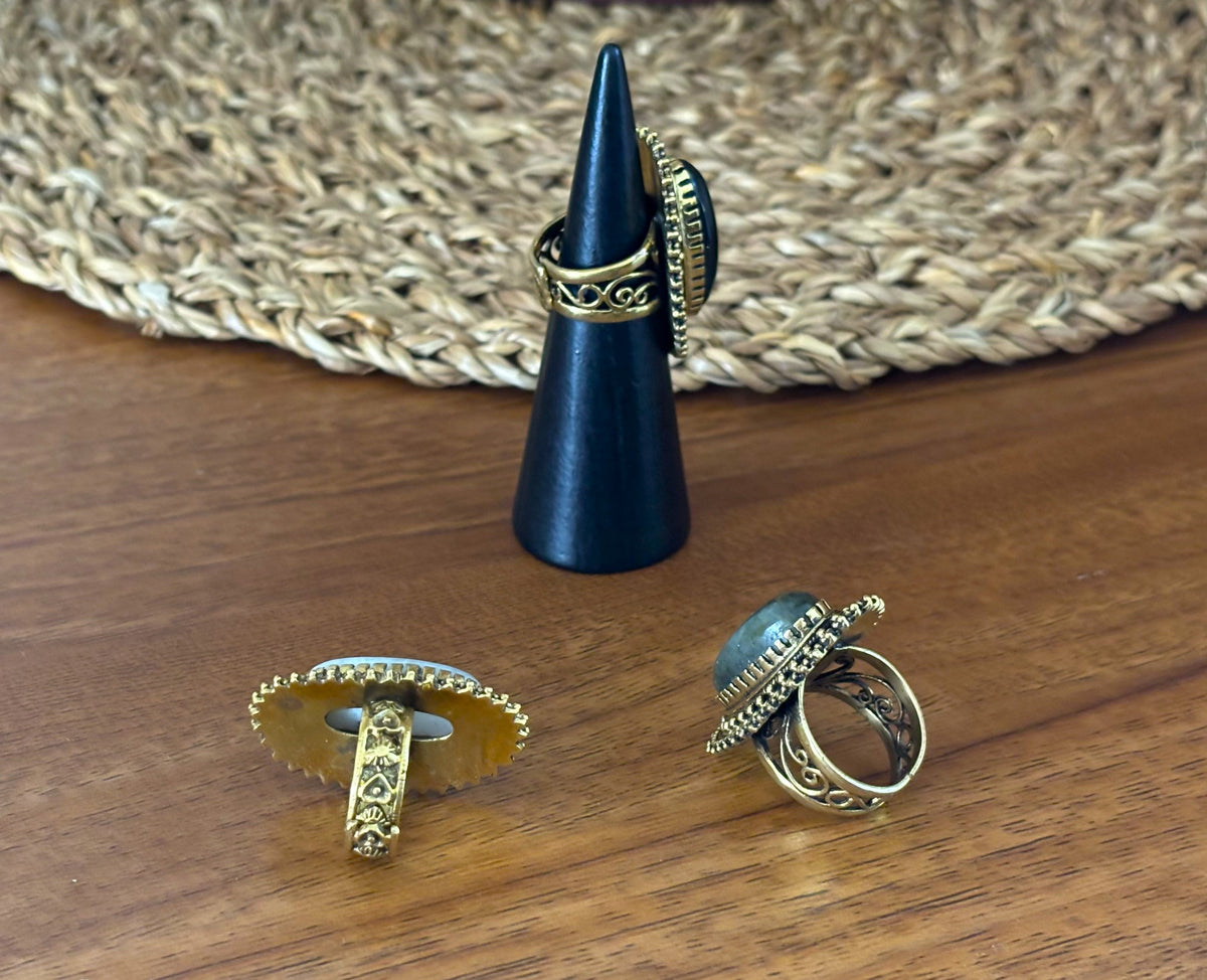 Boho Oval Gemstone Adjustable Ring – Gold/Silver Vintage Brass Statement Ring
