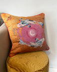 Koi watercolour art Cushion 'Golden pool' double sided design with fish illustration, made from Vegan friendly Suede